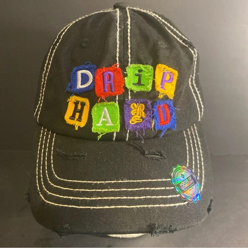 House Of Commons‎ “Drip Hard” Adjustable Hat Distressed OSFM Patchwork Nos